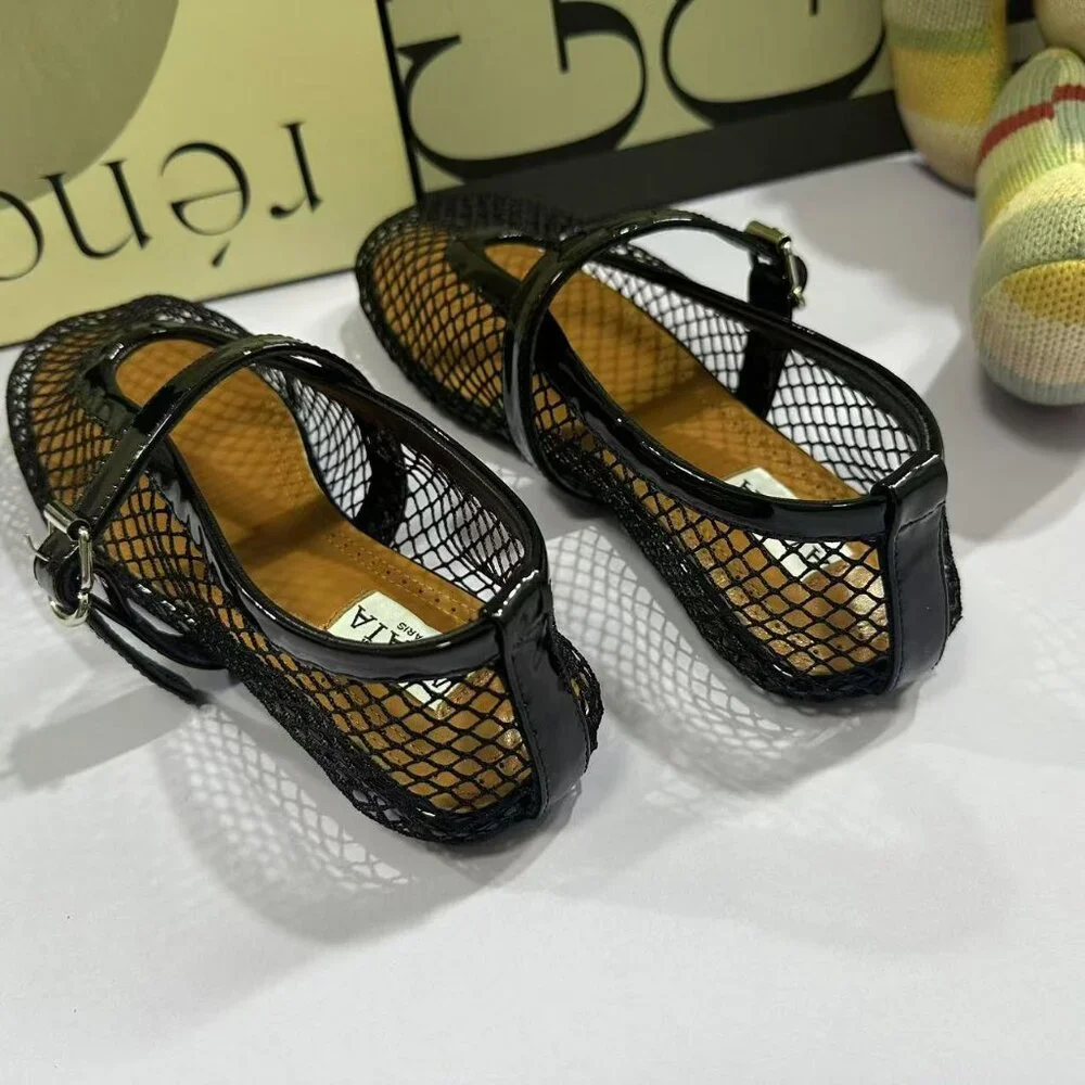 Alaïa Black Patent Leather Mesh Mary Jane Flats